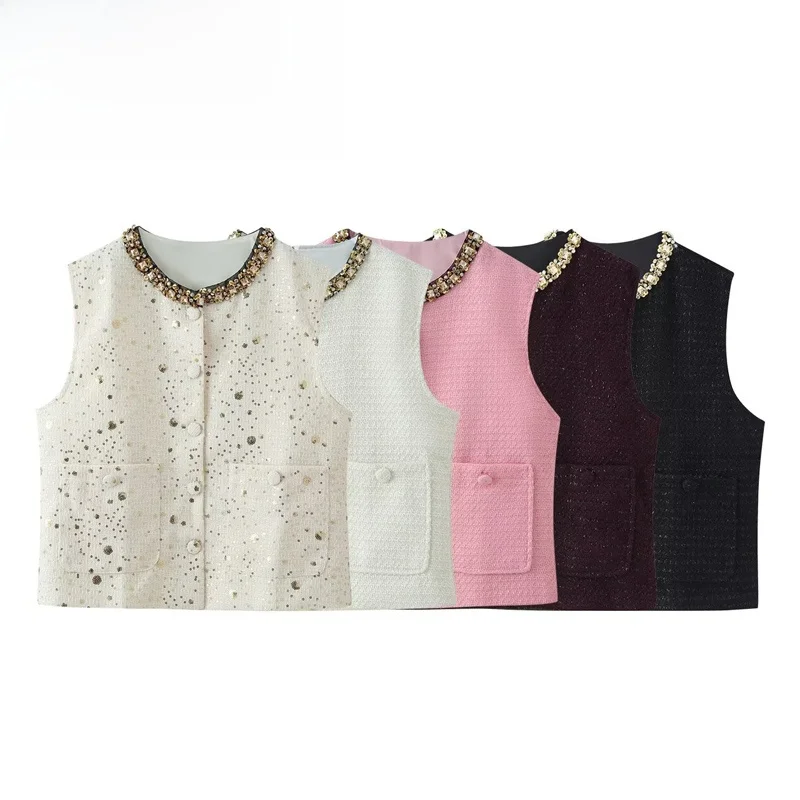Fashionable round Neck Diamond Embedded Vest Jacket Women's New Style RS Elegant Versatile Polyester Outerwear Summer 2026