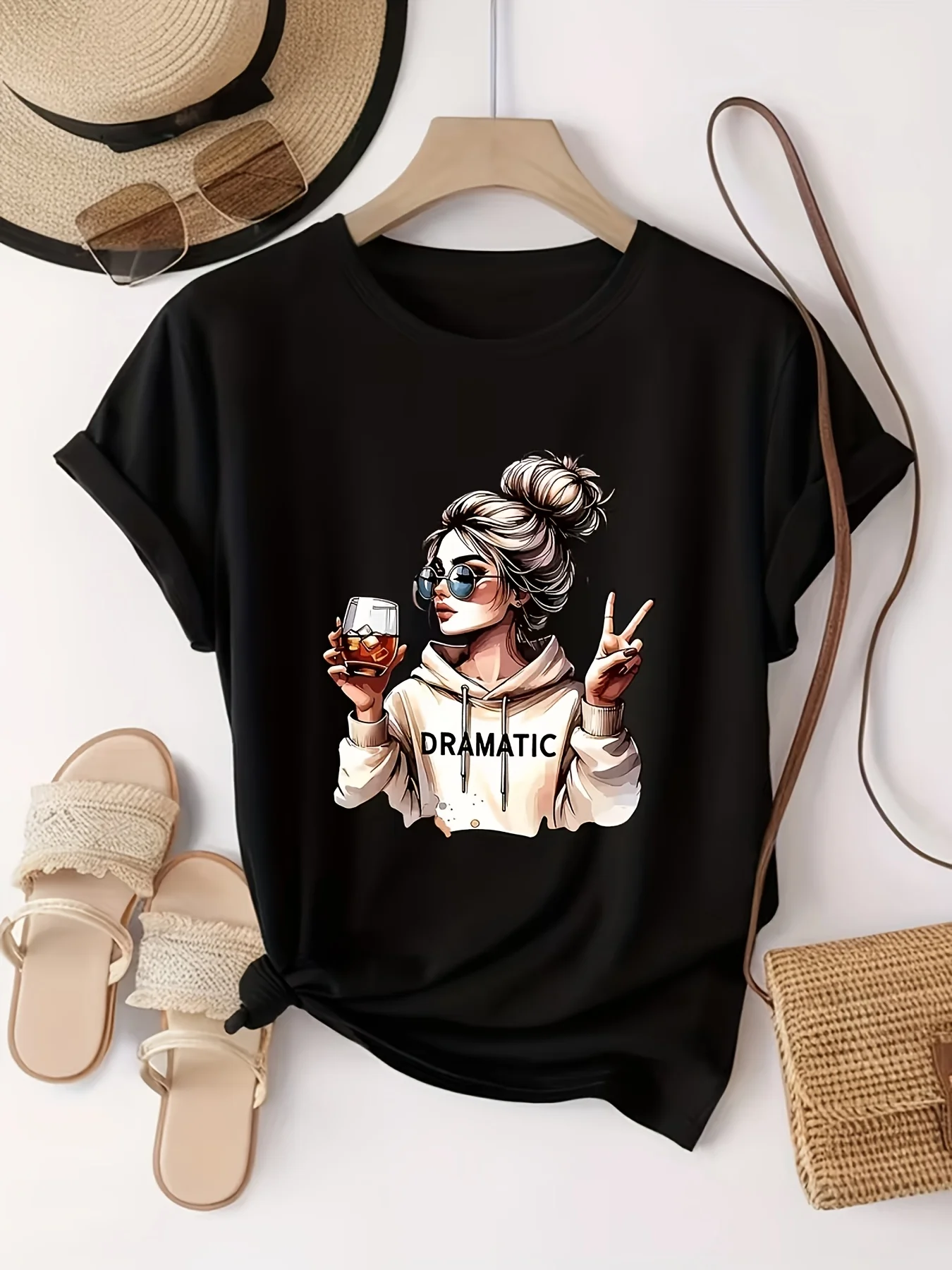 Pull Cool Style Hand Drawn Cool Girl DRAMATIC Copy Printed T-shirt Casual Biye Glass Pattern Comfortable Fabric Daily Casual Top