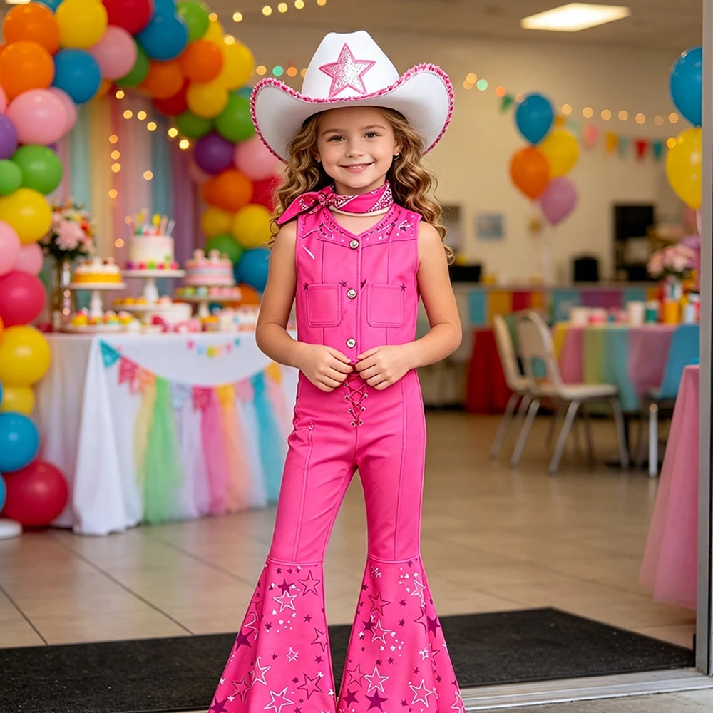 Rosa Cowgirl-Kostüm Mädchen-Outfit-Set Weste Schlaghose Kinder-Halloween-Kostüme – Detail 8