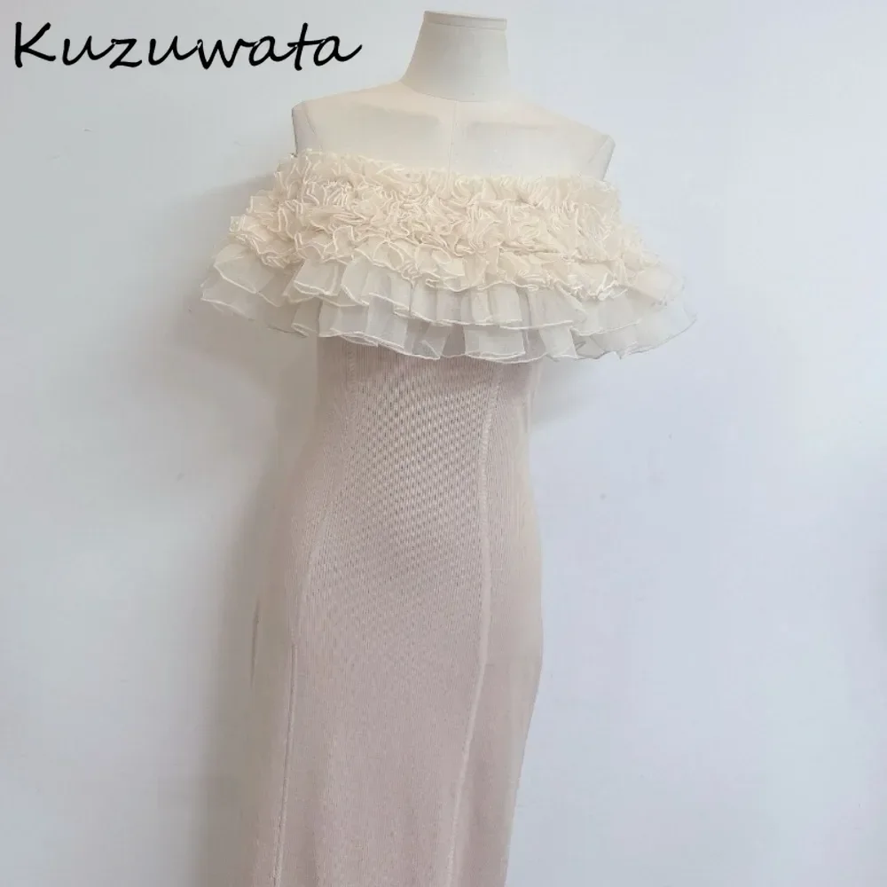 Kuzuwata Slim Fit Elegant Slash Neck Sleeveless Dress Heavy Fungus Bodycon Patchwork Robe Japanese Ruffles Strapless Vestidos