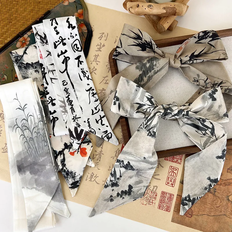 New Chinese Ancient Style Ribbon Headband Hair Ring Hair Rope Ink Painting Silk Scarf Womans Tied Hair Turban Fashion Headdress