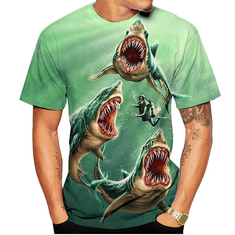 Men's 3D Printed T-Shirt with Marine Animal Pattern, Summer Fashion Crew Neck Loose Short Sleeve Top