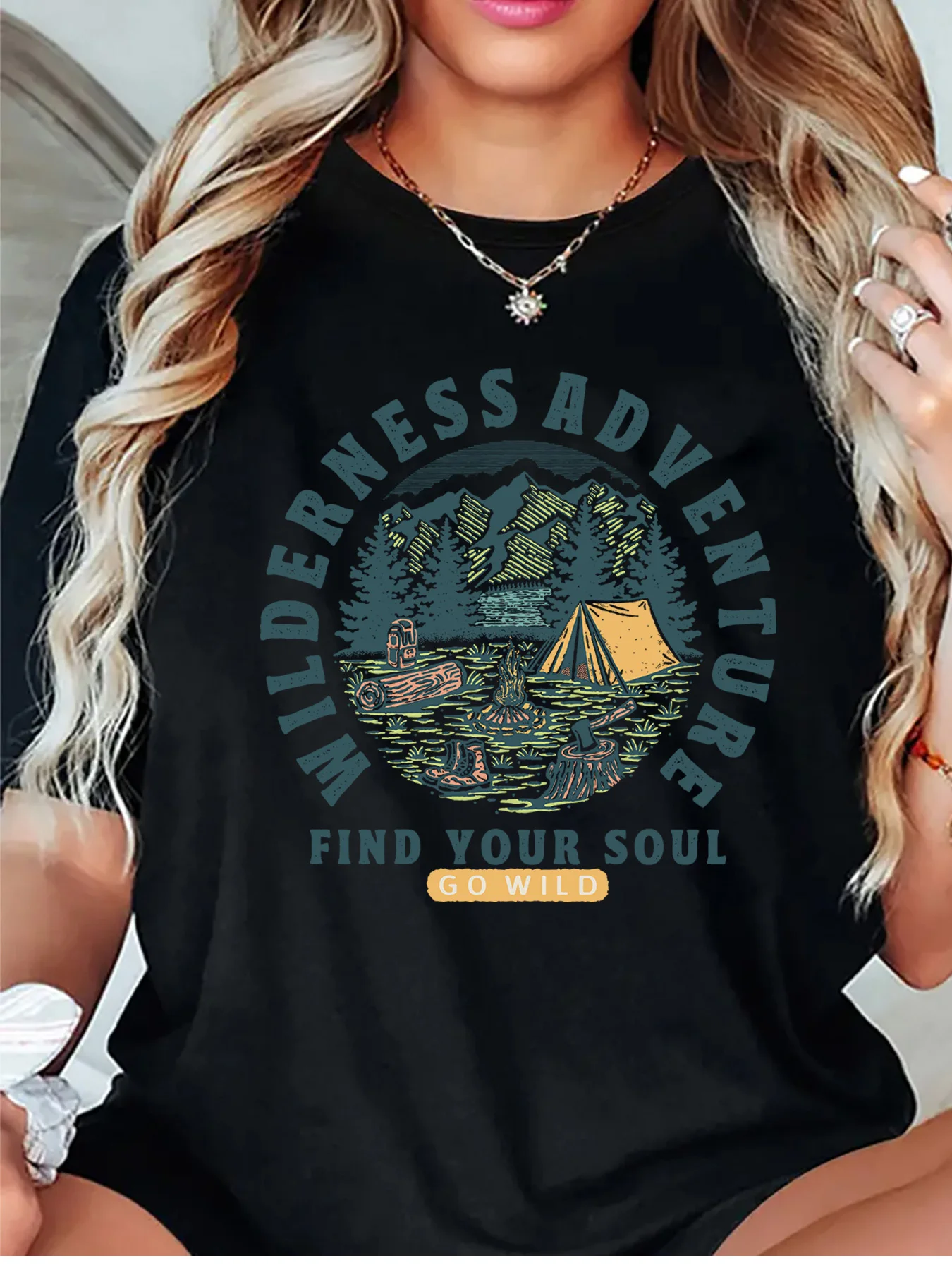 Wilderness Adventure Mountain Camping Nature Art Graphic Womens T Shirt Short Sleeve Crew Neck Daily Casual Ladies Tee Tops