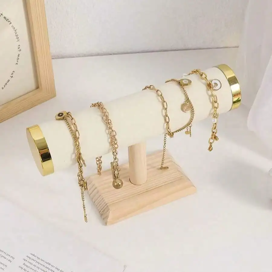 Suporte de Exibição de Joias com Base de Madeira e Acabamento Dourado, Suporte T-Bar de Veludo para Pulseiras e Braceletes, Acessório para Lojas de Varejo e Fotografia