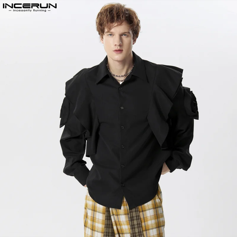 INCERUN 2024 Men\'s Shirt Solid Color Lapel Long Sleeve Ruffle Casual Men Clothing Streetwear Loose Elegant Fashion Camisas S-5XL