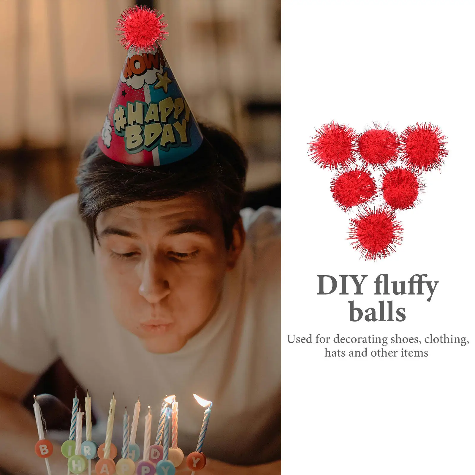 50 Peças de Pompons Vermelhos para Chapéus de Aniversário, Material DIY para Decoração de Roupas e Chapéus, Bolas de Pompons, Enfeites de Bola