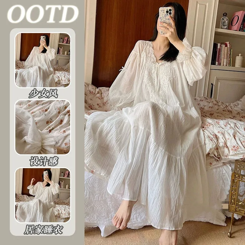 Women's Korea Style Nightdress Spring Autumn Long Sleeve Ladies Nightgowns Patchwork Lace Sweet Nightwear for Female 2024