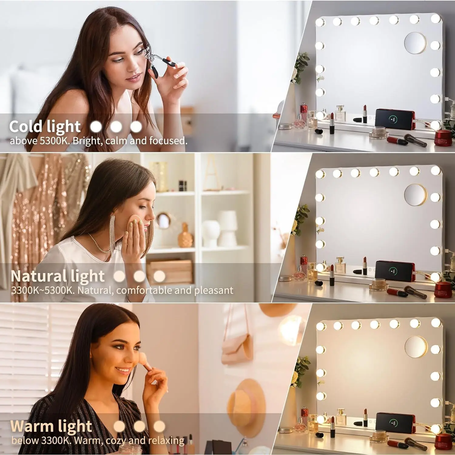 Imagem -03 - Hollywood Vanity Mirror com Lâmpadas Led Reguláveis Cores de Iluminação Brilho Ajustável Porta de Carregamento Usb 15 Luzes