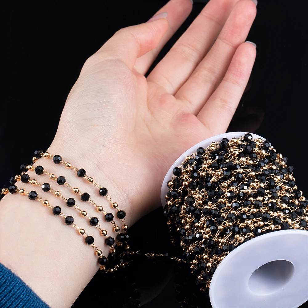 1 เมตร 4 มม.คริสตัลสีดําโปร่งใสลูกปัดทองแดงโซ่ลูกปัดแก้วสร้อยคอโซ่สีทองสําหรับเครื่องประดับ DIY ทําส่วนประกอบ