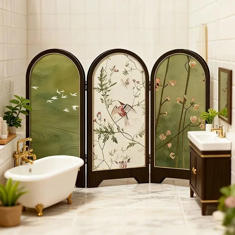 New Mini Wooden Tabletop Folding Screen Hand Painted Bamboo Pattern Rattan Woven Detail For Tea Room Study Home Decor