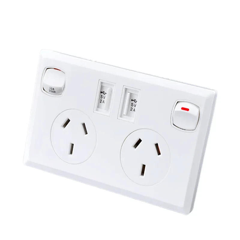 Australian Standard Usb Wall Dual Socket with 2gang Switch, Au Plug Adapter Mobile Phone Charging Power 10A Socket 118mm*72mm