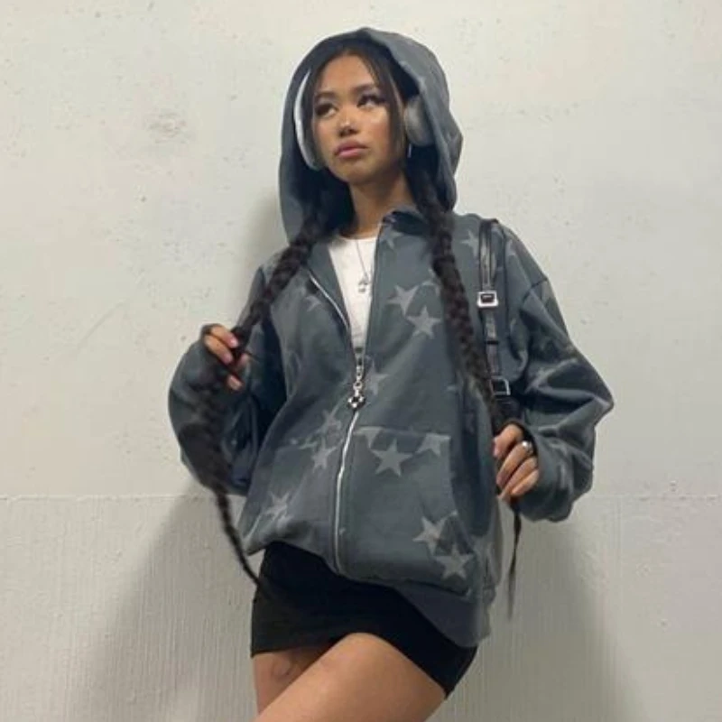 เสื้อฮู้ดดี้มีซิปพิมพ์ลายดาวสไตล์ยุโรปและอเมริกา ปี 2025 แบรนด์แฟชั่นสำหรับผู้หญิง ทรงหลวม