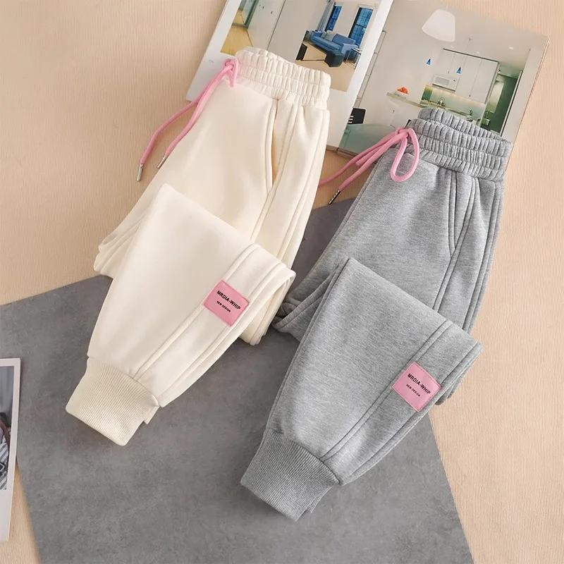 

Спортивные брюки для девочек на весну и осень, детские серые повседневные брюки из чистого хлопка, плюшевые брюки для мальчиков среднего возраста, гигиенические брюки для девочек