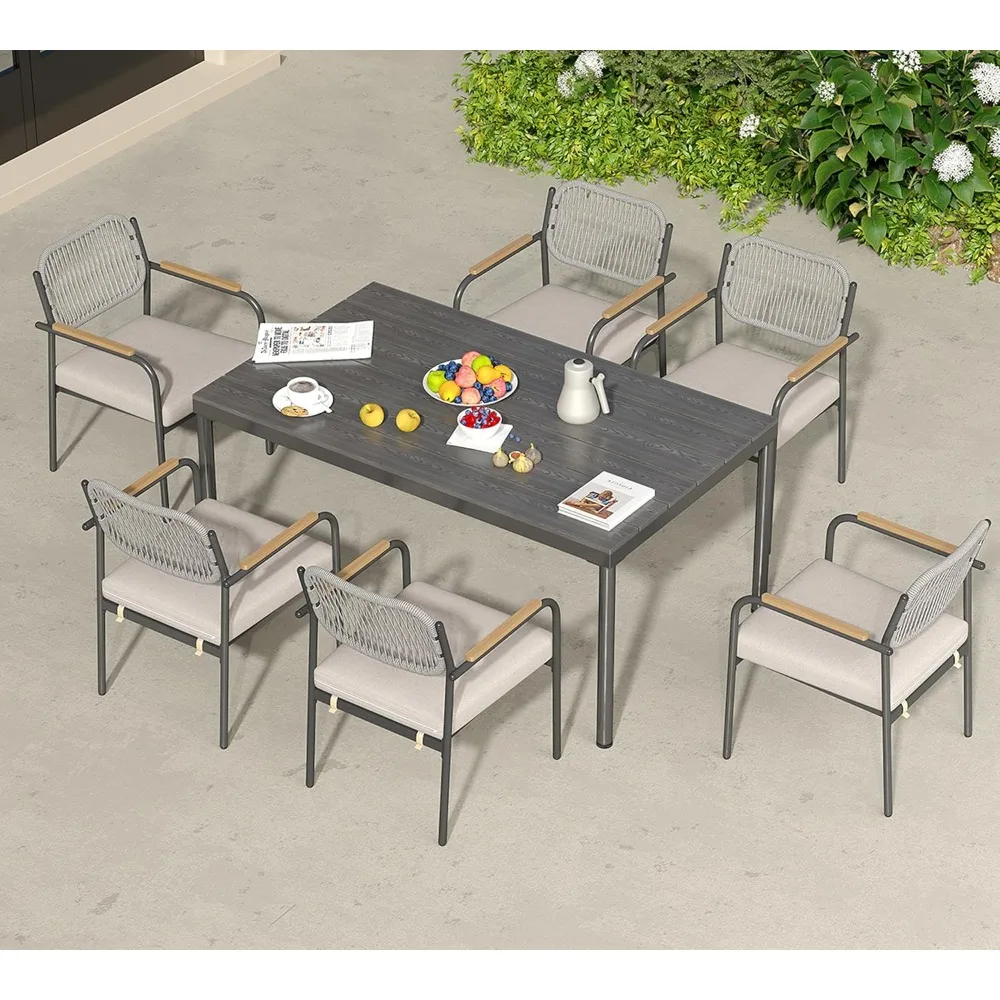 

Wicker Outdoor Dining Set for 6, Upholstered 7 Piece Patio Dining Set with Armrests, Modern Outdoor Dining Table Sets, Rectangul