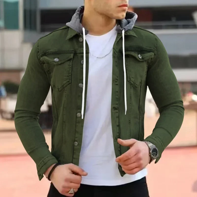 New Men\'s Fashionable Casual Hooded Single-breasted Jacket Men\'s Solid Color Jacket Casual Coat Double Pockets