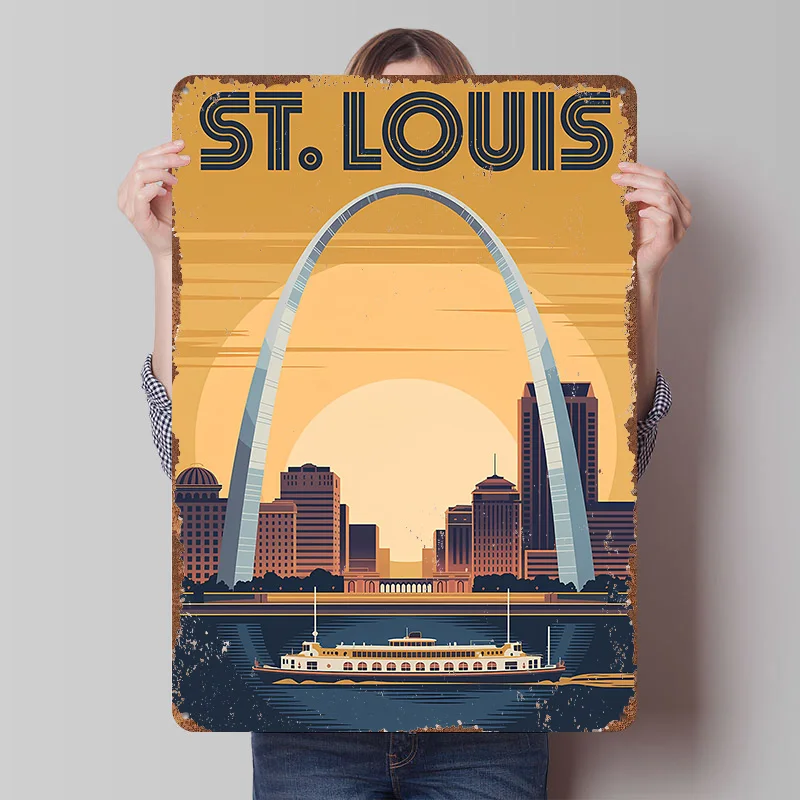 St. Louis Gateway Arch Skyline Metal Poster Custom Wall Art Retro Vintage Tinplate Signs for Man Cave Decoration Bedroom House