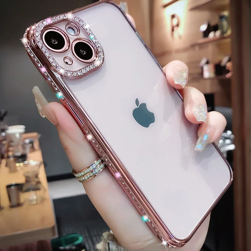 Luxury Plating Glitter Diamond Transparent Case for iPhone16 13 11 12 15 14 Pro Max Plus  Female Soft Silicone Shockproof Cover