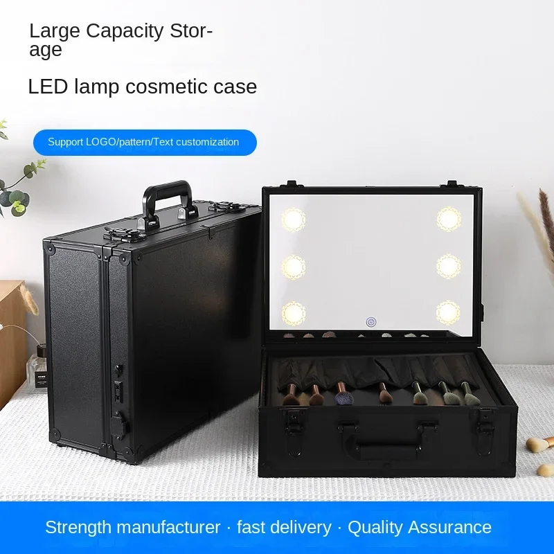 Customized Portable Cosmetic Case Led with Light Three-Color Fill Light Tattoo Embroidery Nail Storage Box with Mirror Portable