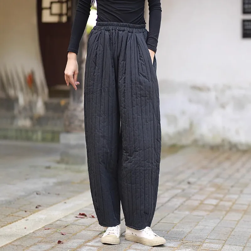 Autumn Winter Vintage Loose Women's Pencil Pants Cotton Quilted Elastic Waistband High Waist Casual Quilted Lining Long Pants