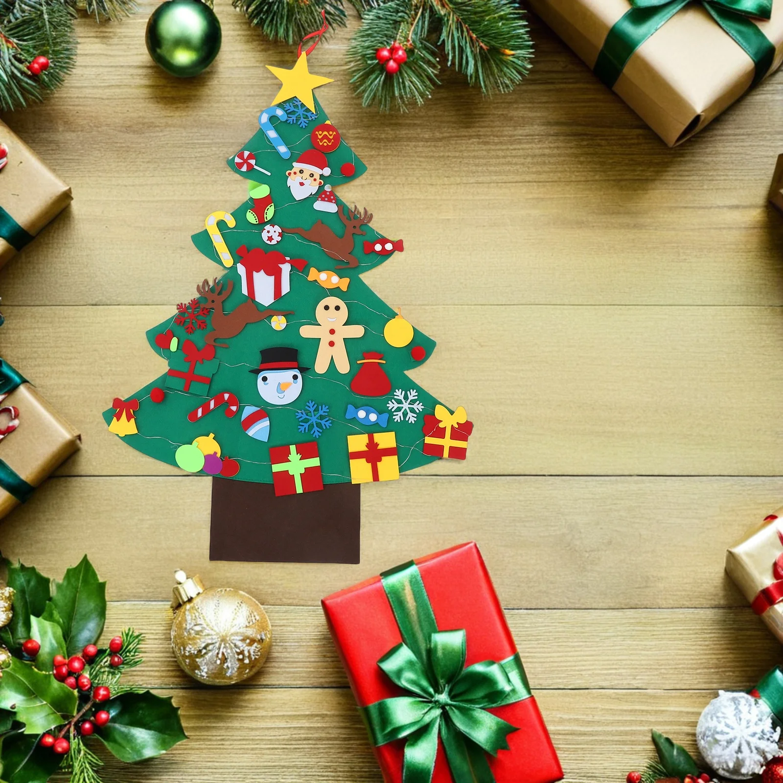 

1Set DIY Felt Christmas Tree Kit with Lights and Ornaments for Kids Wall Hanging Holiday Decor Montessori Activity Toddler Safe