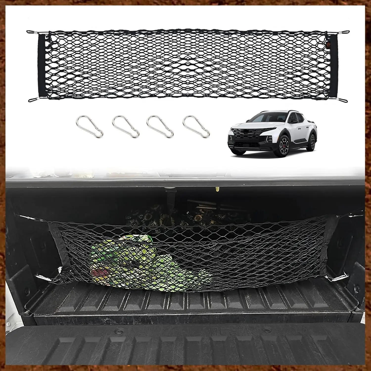 

2022-2024 Hyundai Santa Cruz Truck Bed Cargo Net - Heavy-Duty Envelope Organizer with Metal Hooks, No-Drill Storage System