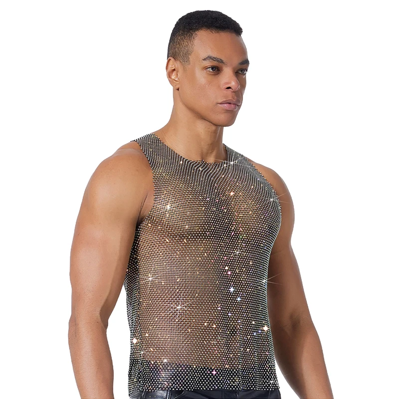 Herren-Tanktop mit glitzerndem Strass-Mesh, durchsichtig, ärmellos, Clubwear, Party-Weste, Herren-T-Shirts und Tanktops, майка мужская – Detail 3
