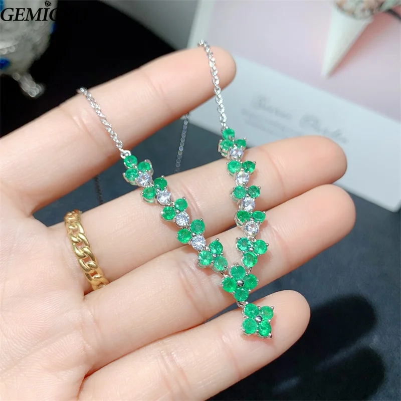 YULEM Natural Emerald 925 Sterling Silver Pendant Necklace for Women Fashion Gemstone Jewelry Gift 3mm 32pcs