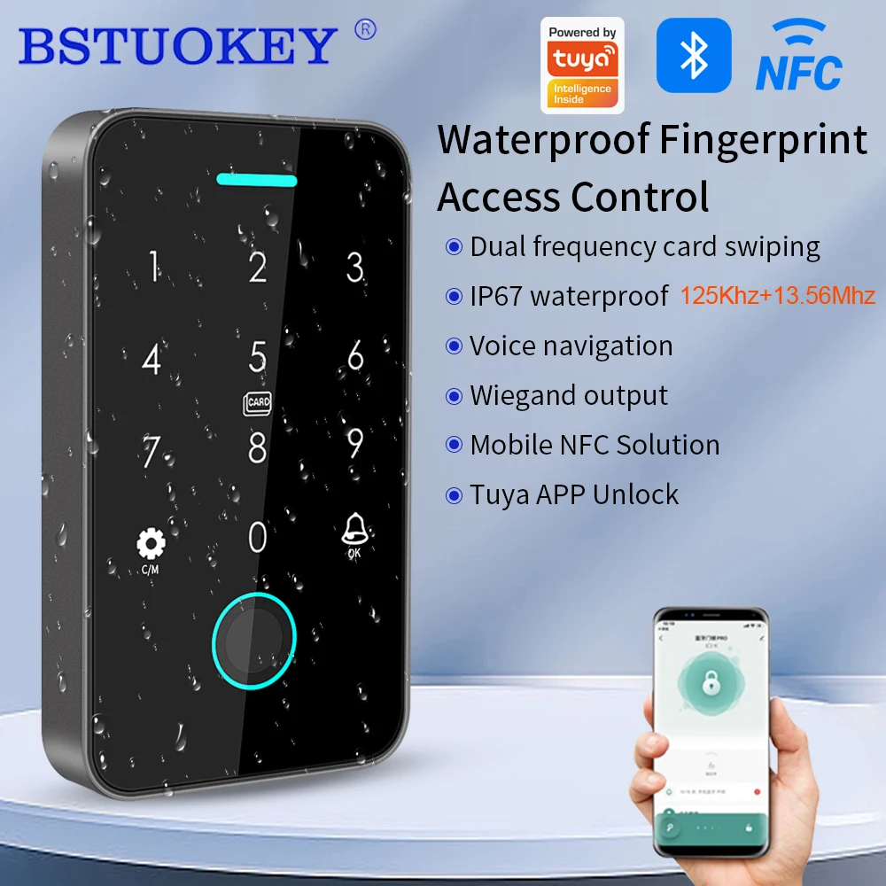 NFC Support Tuya App Access Control Fingerprint Keypad 125K RFID& 13.56M IC Standalone Access System Door Opener WG26 CardReader