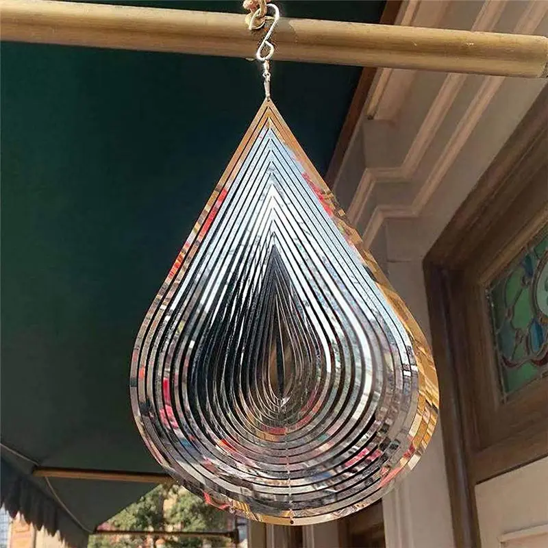 B84B Stainless Steel Wind Spinner Water Drop Shape 3D Flowing Light Effect Decoration for Outdoor Garden Hanging Decor Gift
