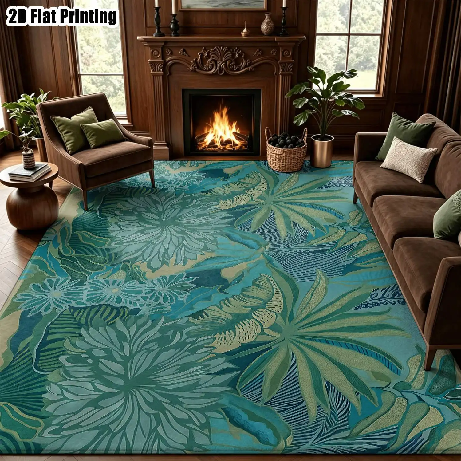 1Pc 2D Printed Carpet: Green-Blue Plant & Flower Patterns, Nordic/Instagram/Modern Minimalist/European/Vintage Style, Home Decor, Multiple Sizes, Machine Washable For Entrance, Dining Room, Foyer, Living Room, Bedroom.