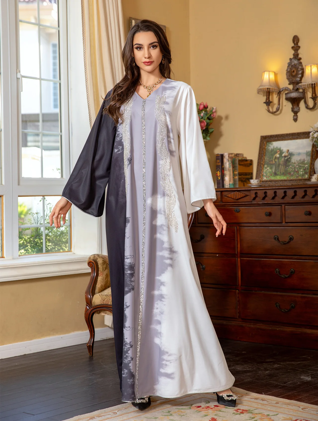 2025 Naher Osten Kleidung Perlenstickerei Muslimisches Kleid Dubai Saudi Tie Dye Hot Diamond Robe Elegante Abendkleider