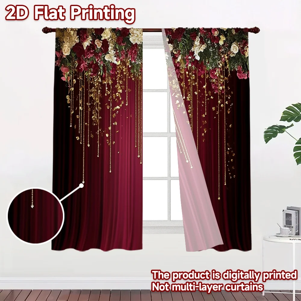 2D flat 2pcs Curtain Vintage drapes and curtains Red Floral Garland Digitally printed polyester, colorfast Festive Wall Decor
