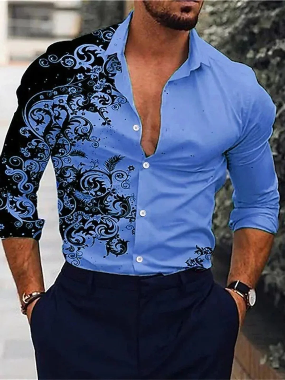 

Digital Print Casual Long Sve Men's irt Stand Fit ort Sve Flip Collar Open Cardigan Regular Thin Autumn Wear