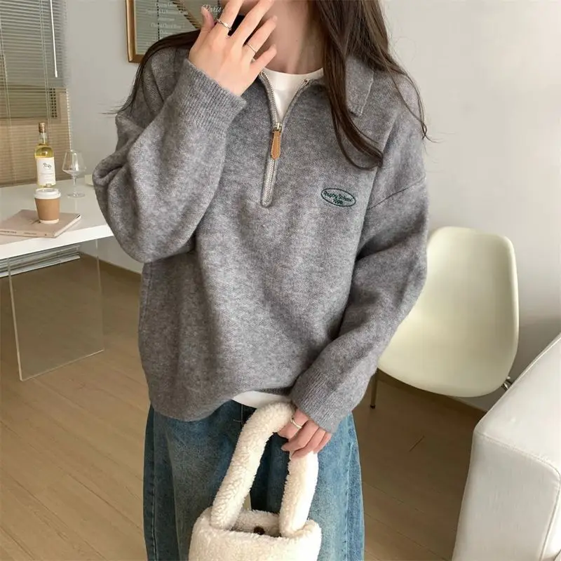 Korean style simple polo collar zippered knitted sweater for women autumn and winter new versatile loose casual men clothing