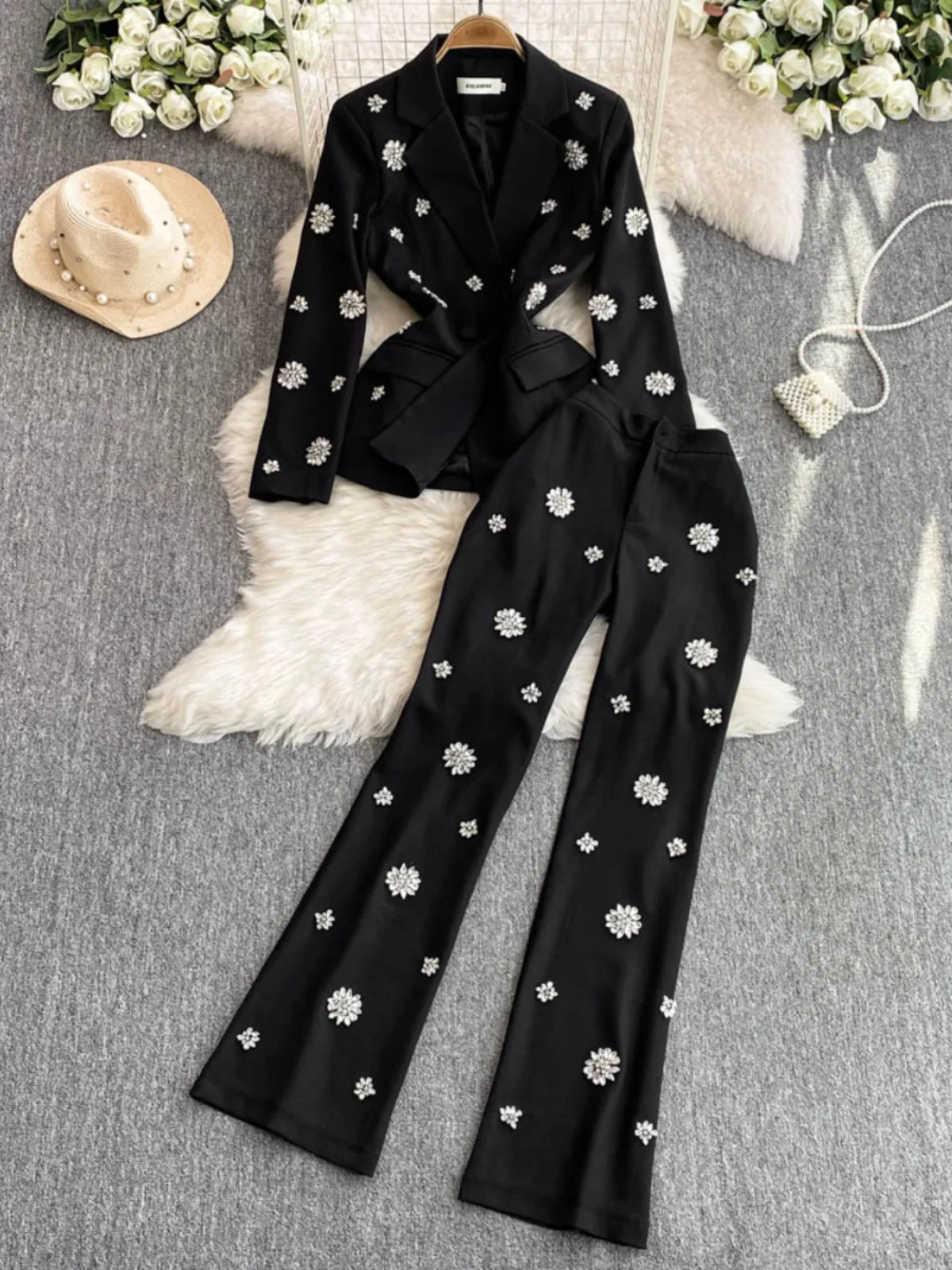 Commuter Style Two-piece Sets Women Outfits Diamond-encrusted Flower High Waist Versatile Blazer Coat+ High-waisted Trousers