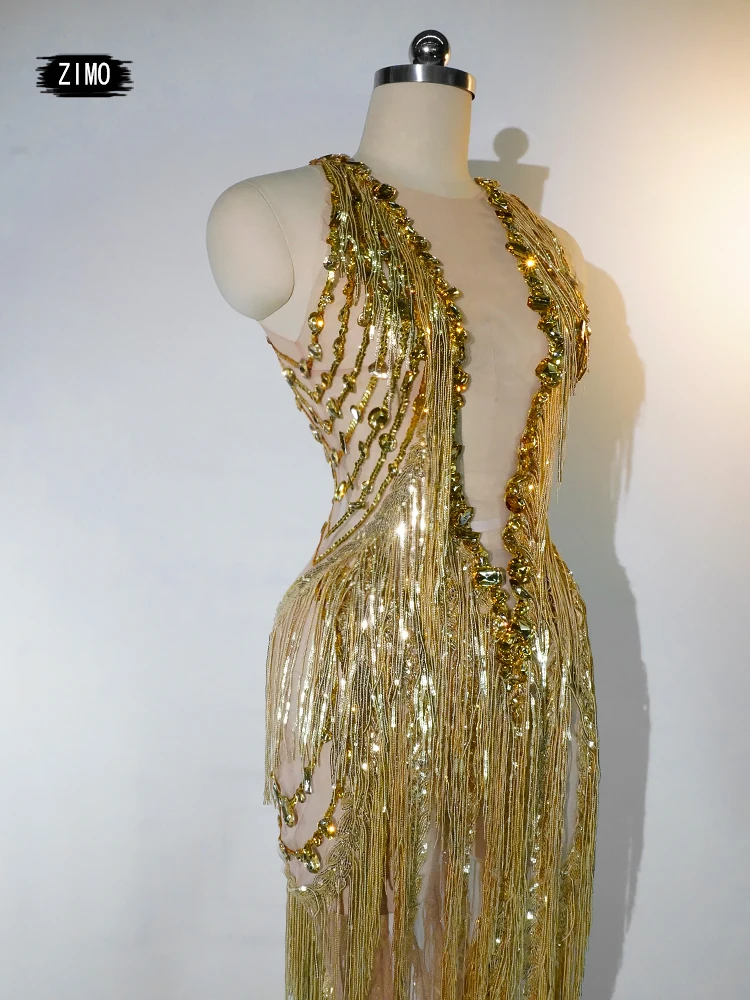 sparkly Perspective women\'s Gold rhinestone sequin fringe Long Dress dancing tassel romper Queen\'s Stage Evening prom party DS