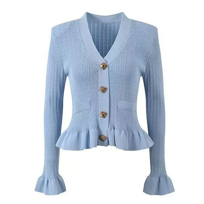 

New Autumn Women Button Slim Y2k Design Casual Cardigan Vintage Elegant Knit Sweater Coat Female V-neck Korea Style Chic Outfit