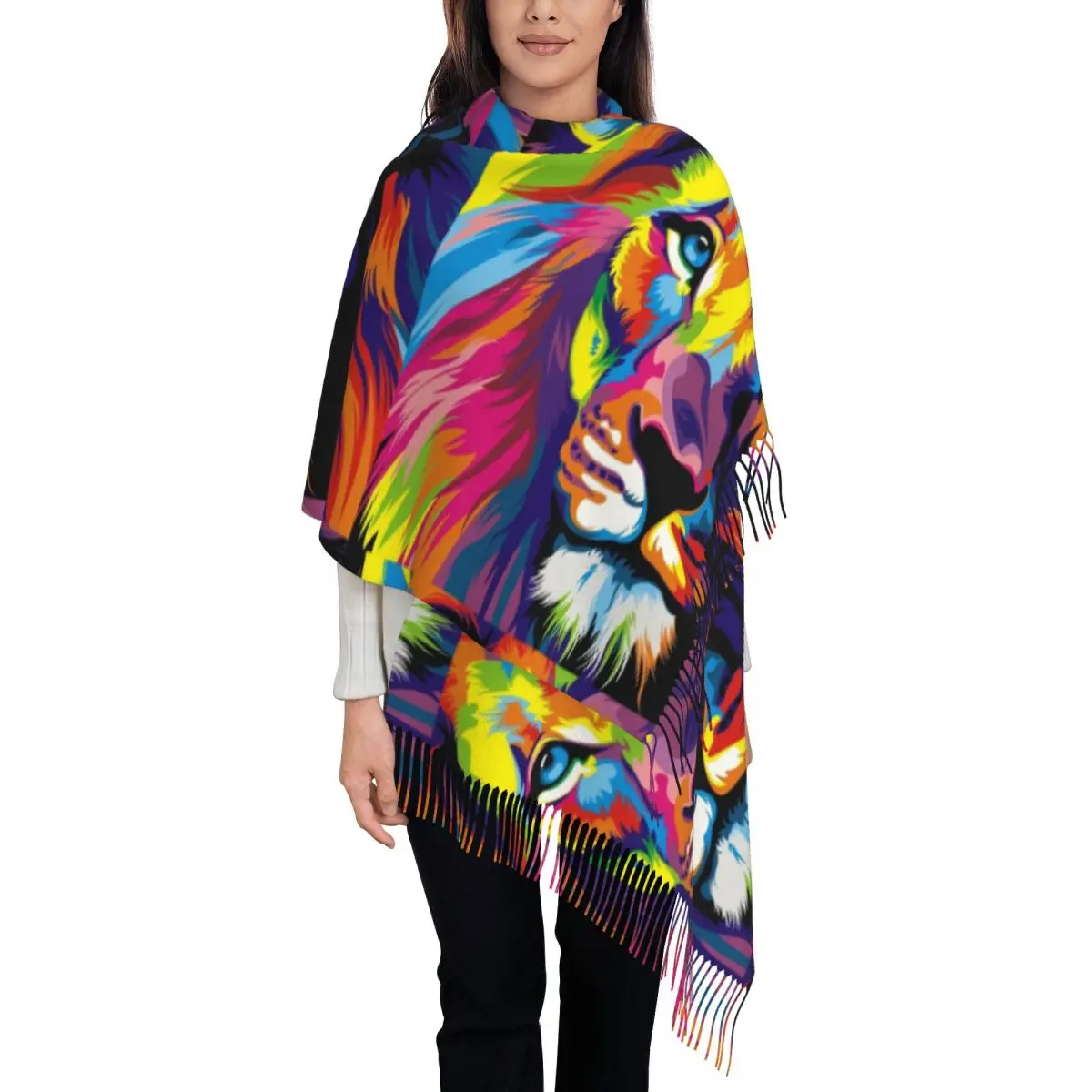 Womens Scarf with Tassel Banksy Rainbow Lion Graffiti Pop Art Large Super Soft Shawl and Wrap Gifts Pashmina Scarves