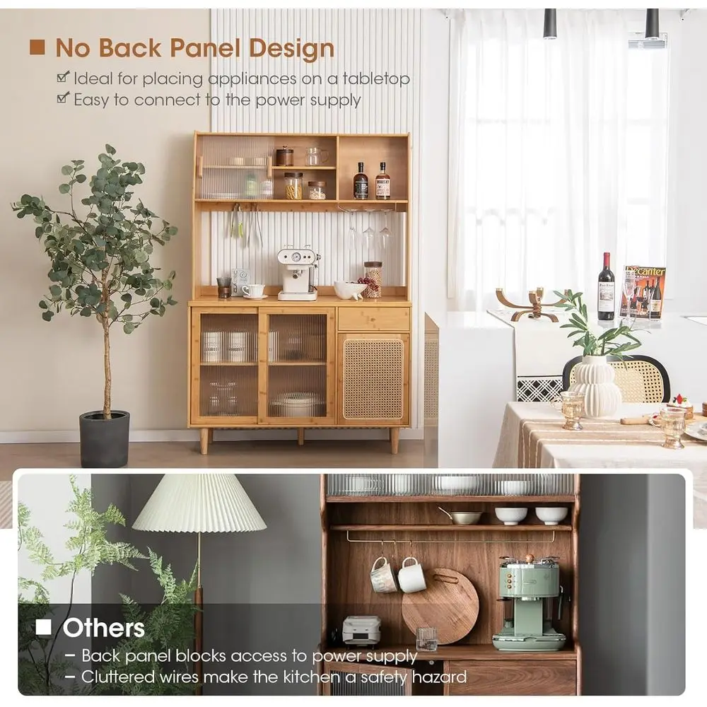 69 Bamboo Storage Hutch with Microwave Stand and Rattan-Door Sideboard for Kitchen Coffee Bar