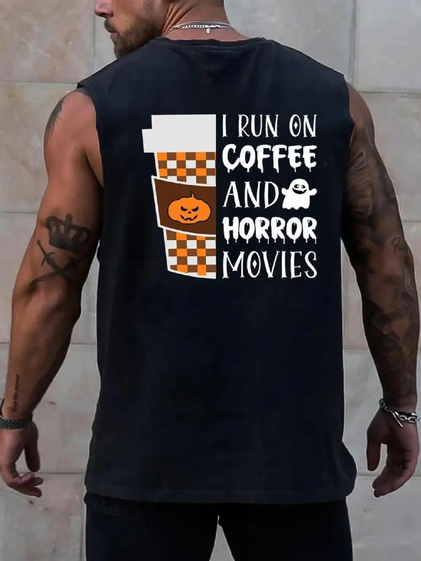 

Men's Halloween themed vest - "I survive on coffee and horror movies" sleeveless top - Movie-style Halloween party outfit