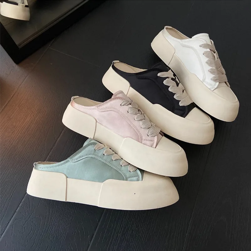 

2025 round head baotou half slippers women's summer thick sole height increase fresh satin lace-up casual little white shoes