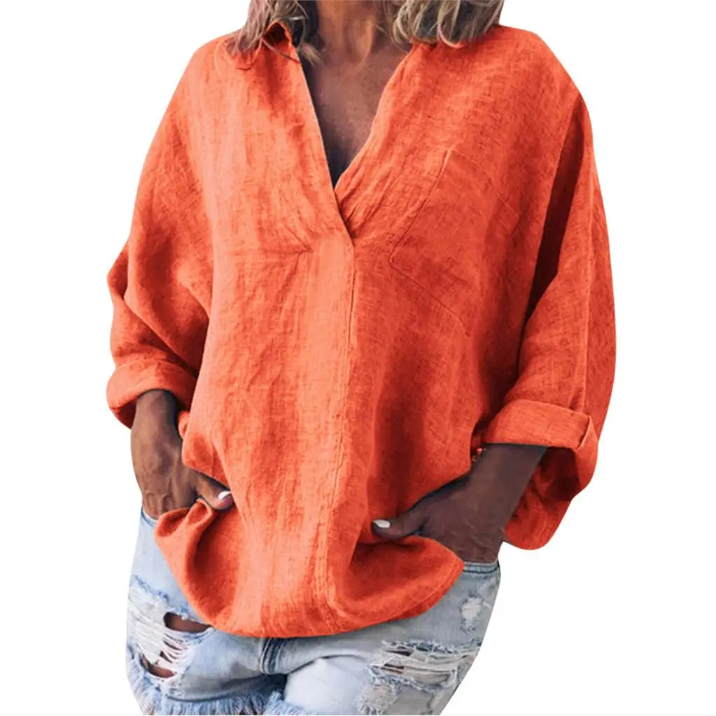 

Women's Spring Autumn Large Size Cotton Linen V-ne Long Sve Overhead irt Comfortable Casual Sle Nine-point Sve