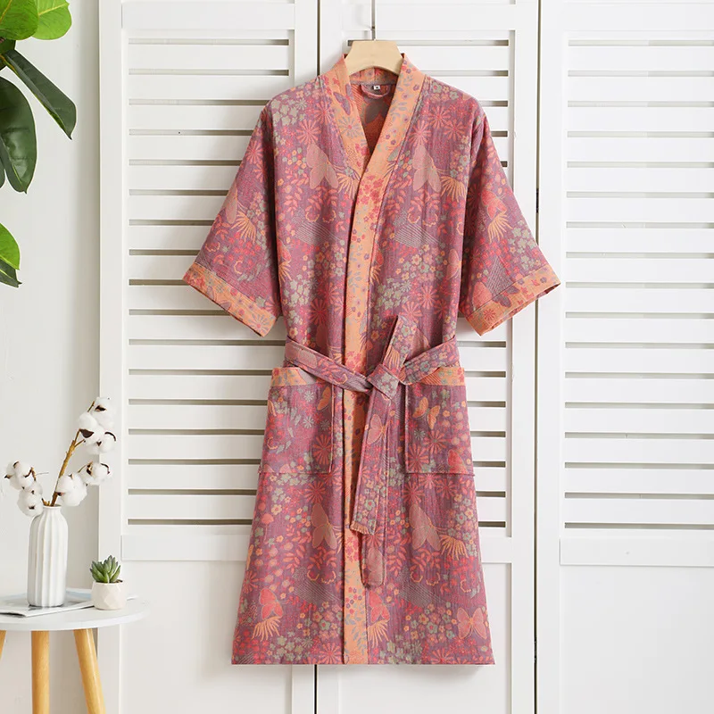 Cotton Double-layer Gauze Bathrobes Spring Thin Pajamas Half Sleeve Kimono Robe Women Yarn-dyed Jacquard Robes Home Loungewear