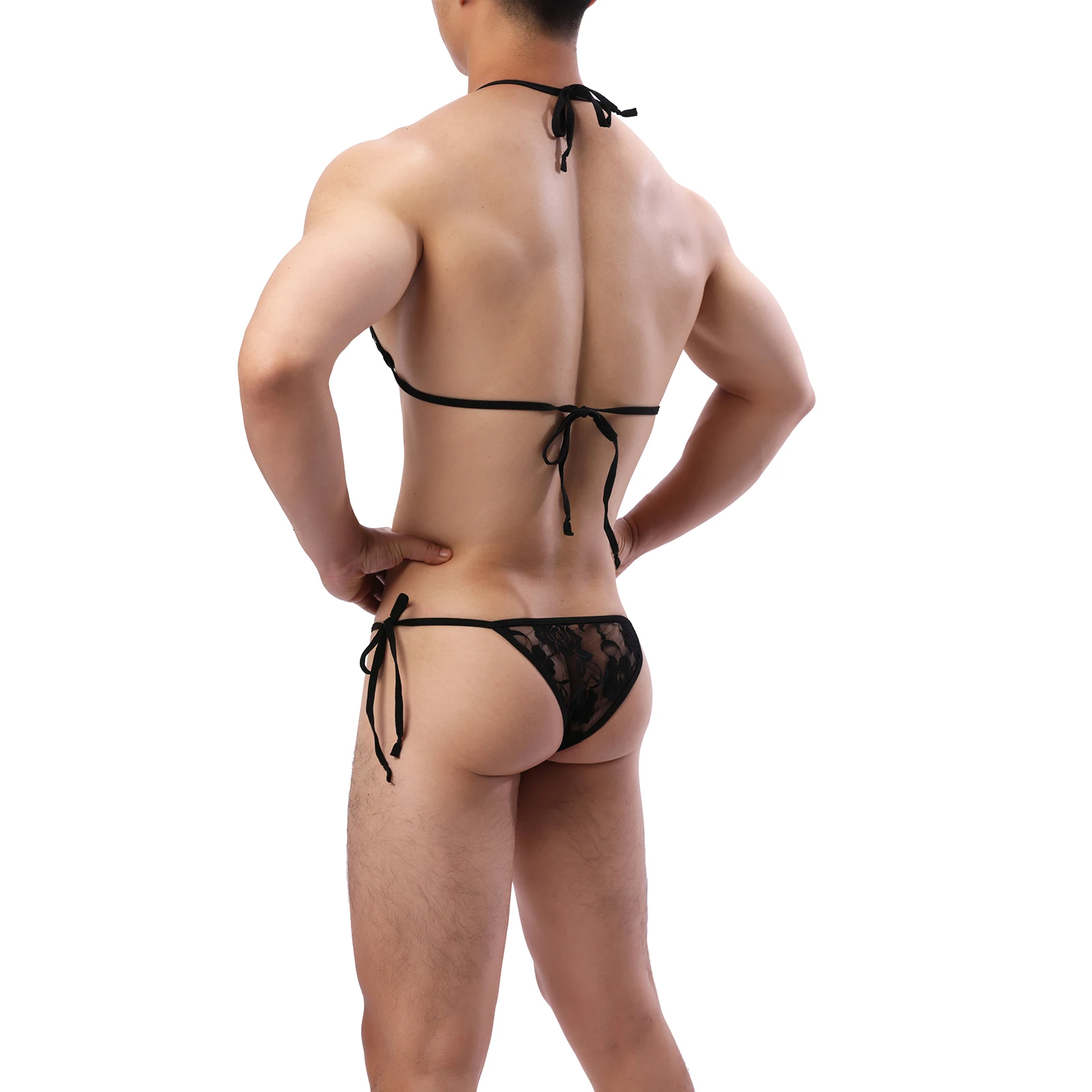CLEVER MENMODE Lingerie sexy masculina, pijamas de espaguete, sutiã de renda, tanga, biquíni e calcinha, costas francesas