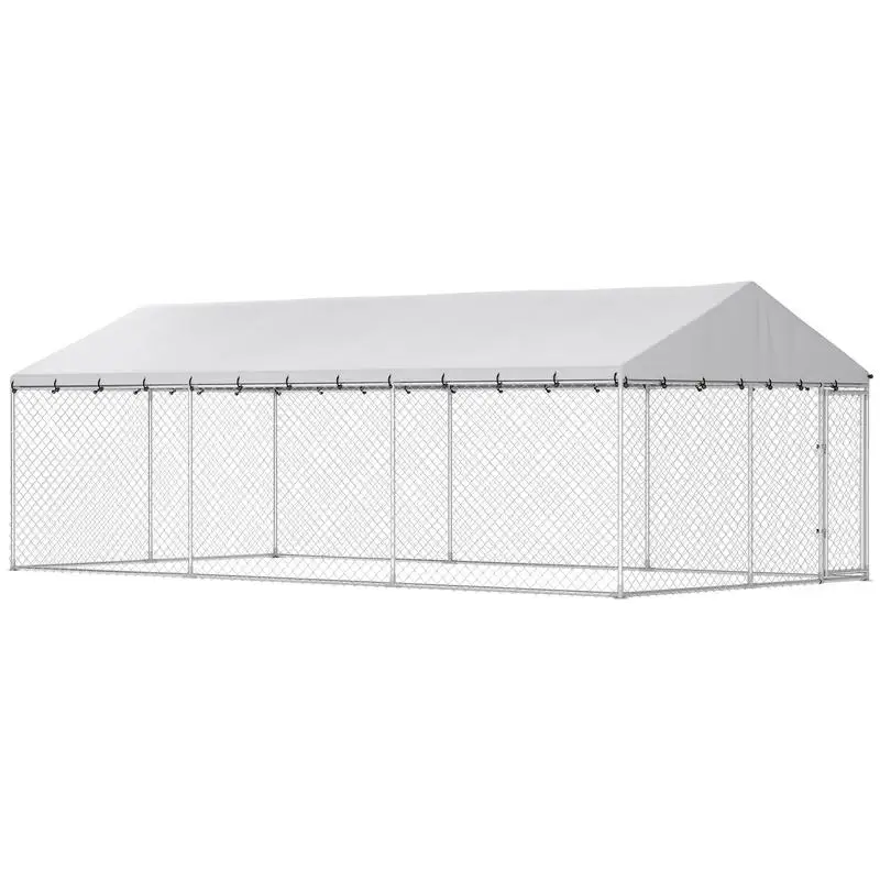 

Heavy Duty Outdoor Dog Kennel with Waterproof Roof, 2 Secure Latches, Chain Link Dog Run for Backyard, 20' x 10' x 7'