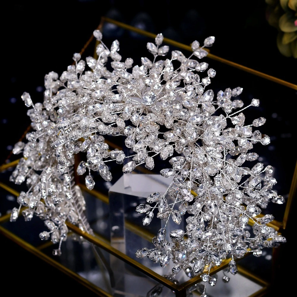 Fashion Full Rhinestone Bride Tiaras White Color Wedding Crown Set Banquet Party Headpieces Hair Accessories