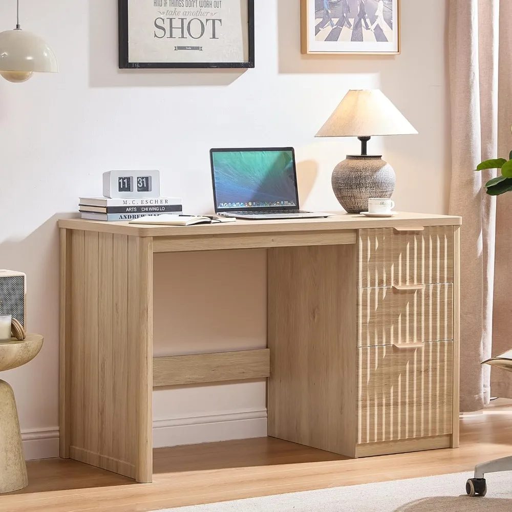 

48 Modern Fluted Executive Desk with Storage Cabinet, Natural Wood Home Office Desk with File Drawer & Metal Handles,