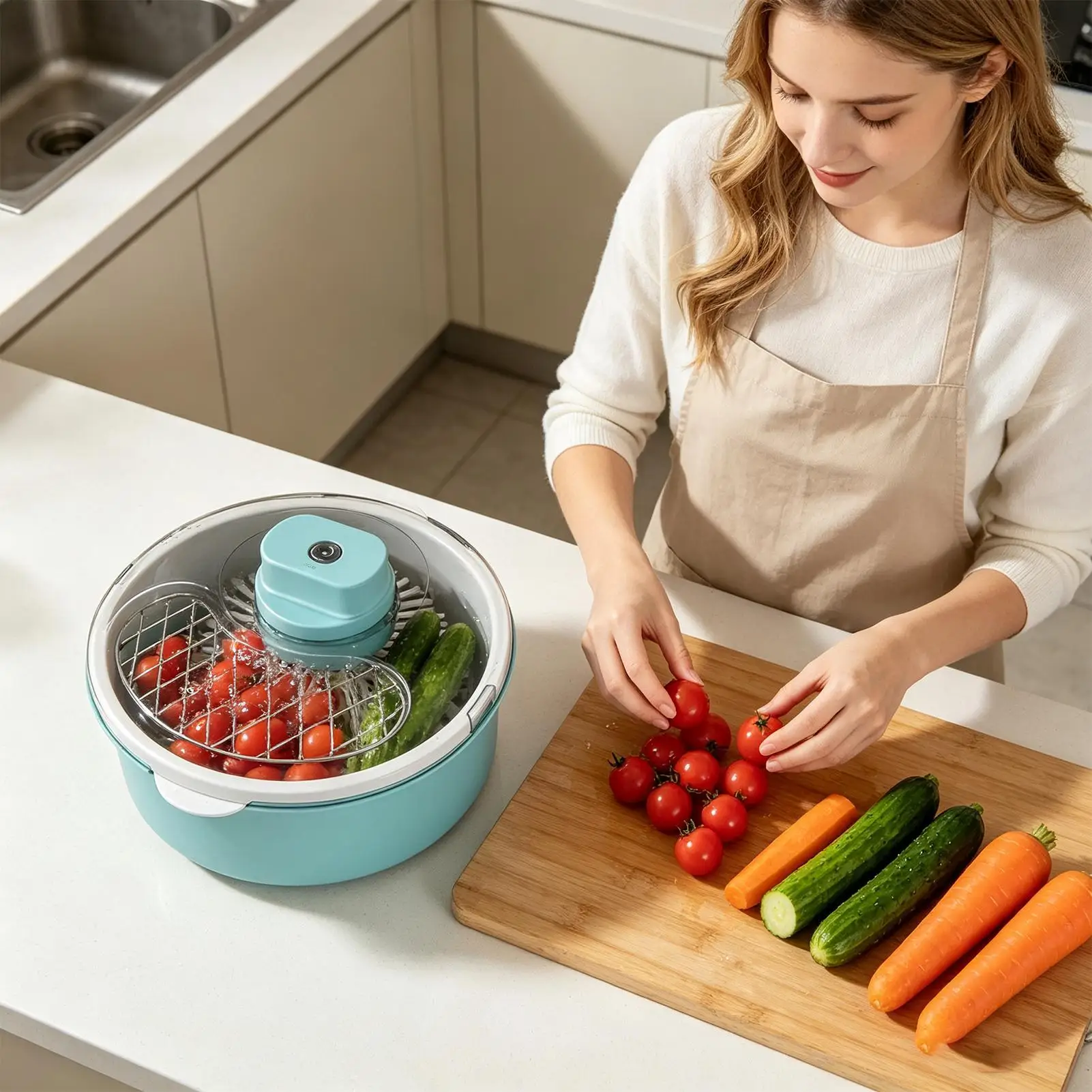 2in1 Large Electric Fruit Cleaner Spinner, Berry Produce Lettuce Washer, Produce Clean Device For Strawberries Cherries Berries