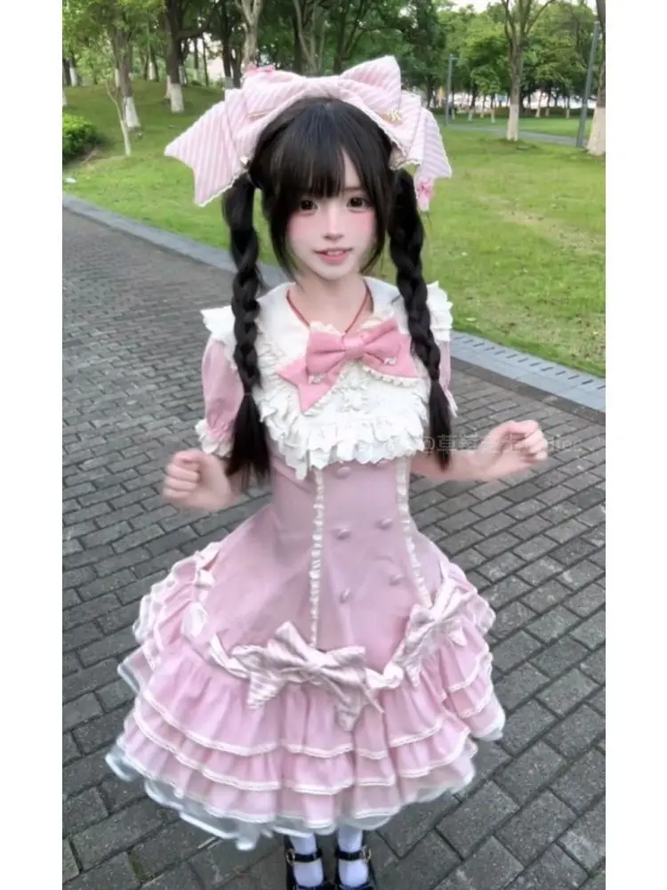 Sweet Lolita Summer Puff Sleeve Ruffle Bow Doll Collar Dresses Female High Waist Cake Skirt Bow Design Dress Sweet Lolita Party image 4