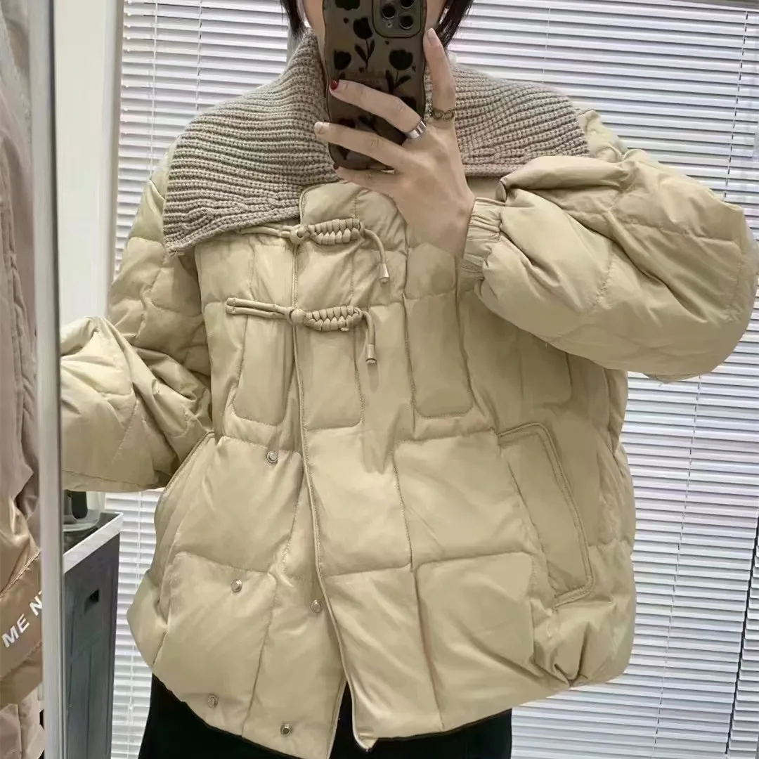 

Womens Parkas Autumn/winter New Loose Womens Wear Cropped Buckled Knit Lapel Down Jacket for Women